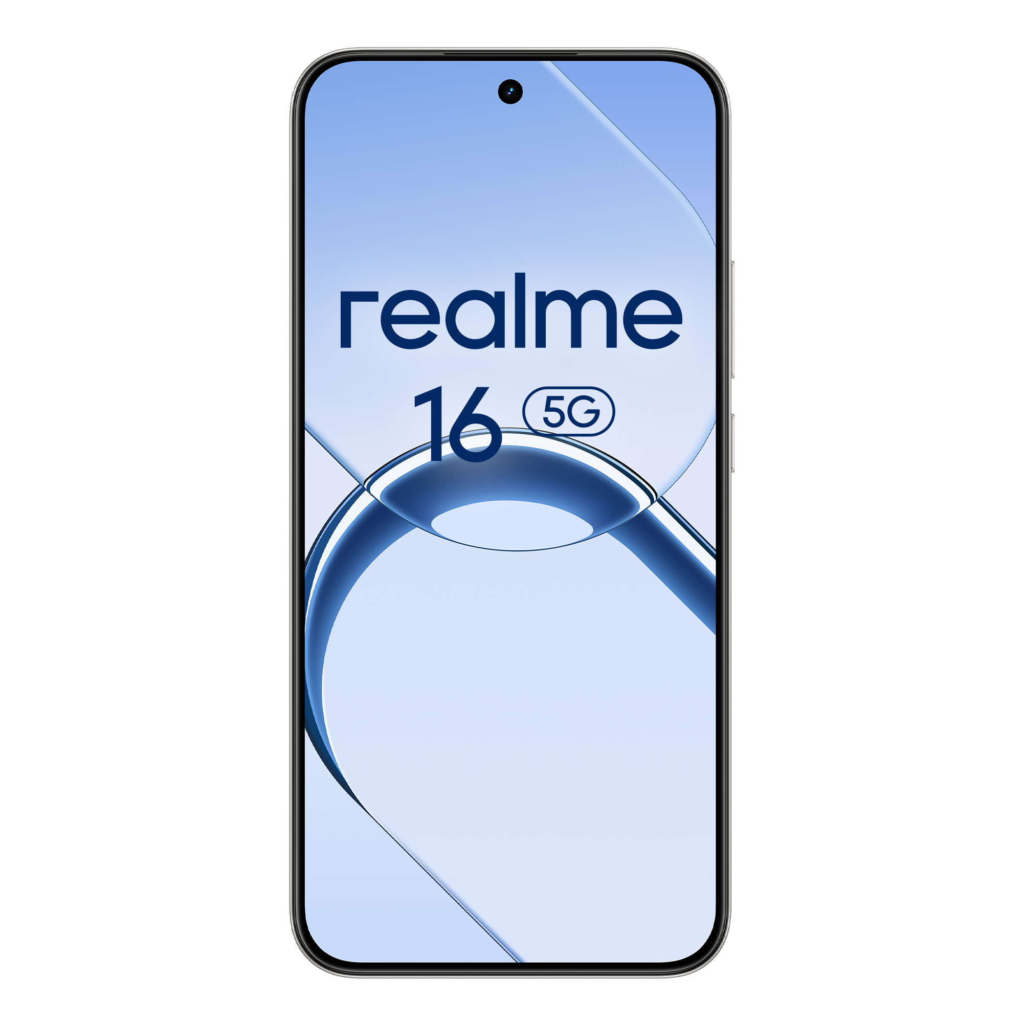 Un smartphone azul claro muestra el logo de Realme y 16 5G en su pantalla.