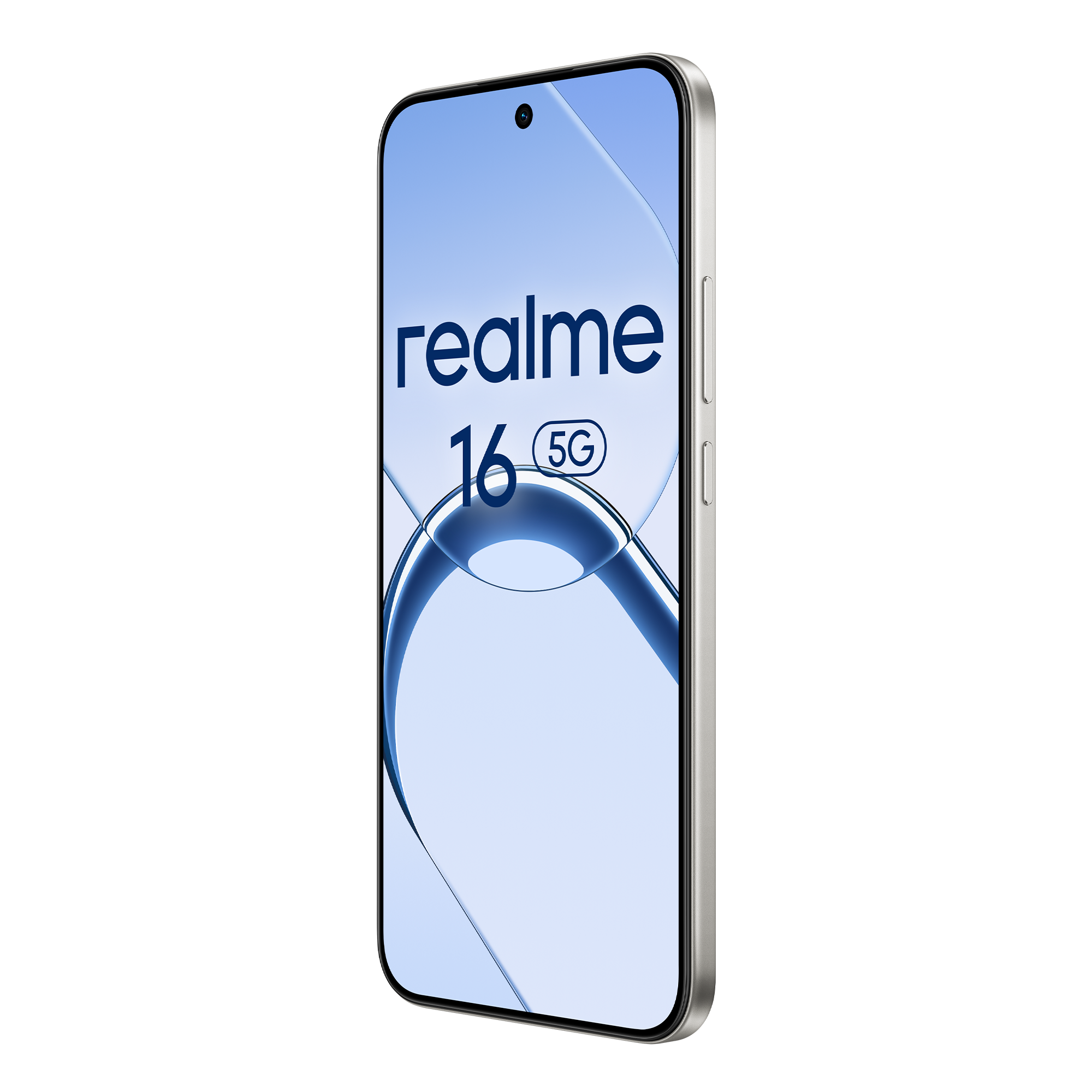 Teléfono inteligente plateado con 'realme 16 5G' en pantalla.