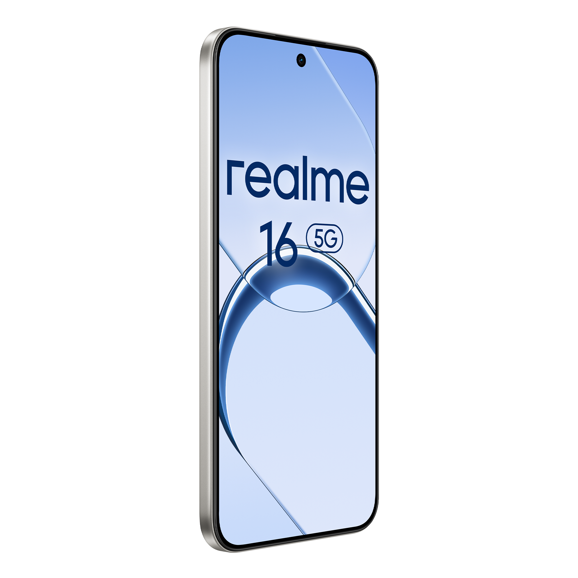 Un smartphone plateado que muestra una pantalla azul Realme 16 5G.