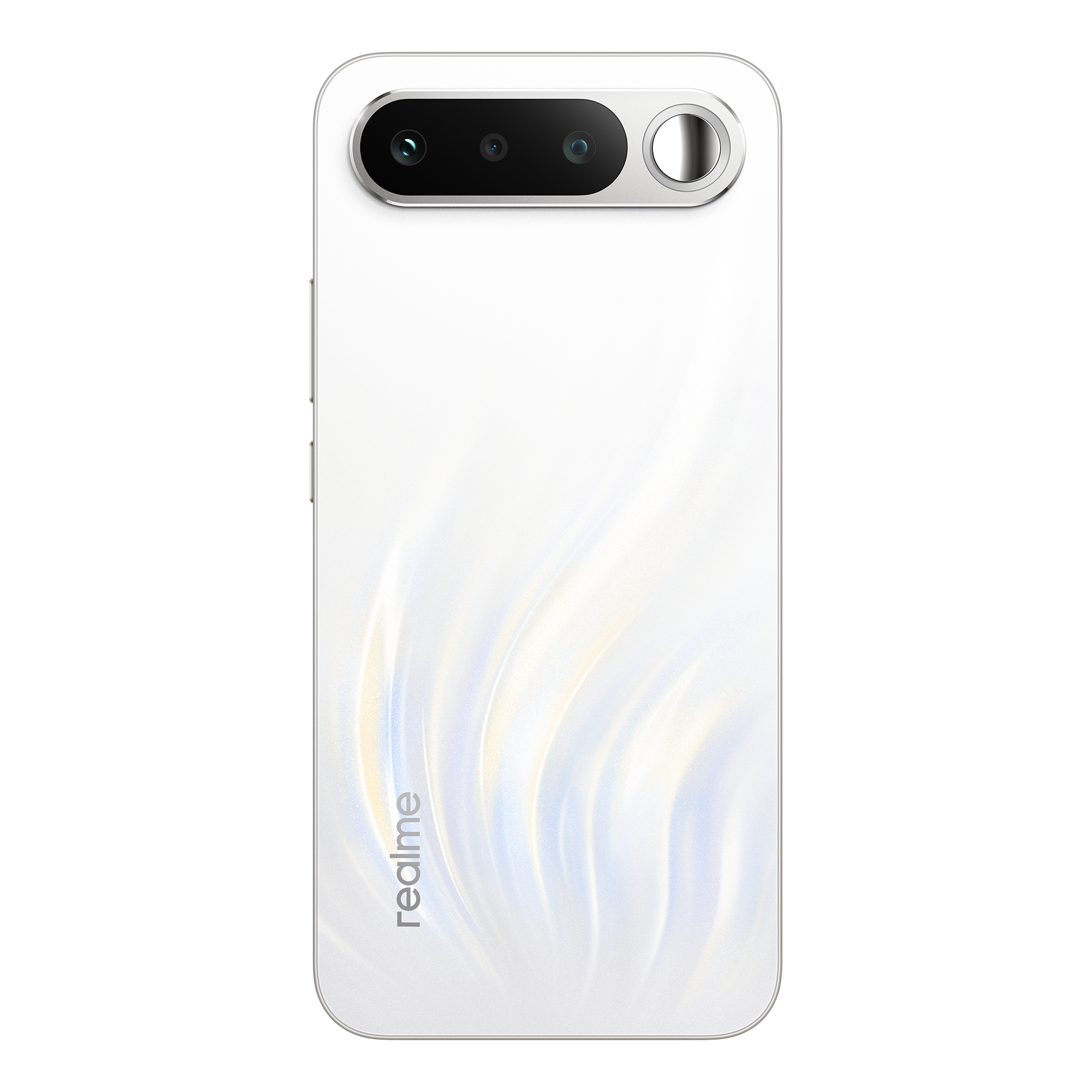 Un smartphone blanco con tres cámaras y un anillo plateado.