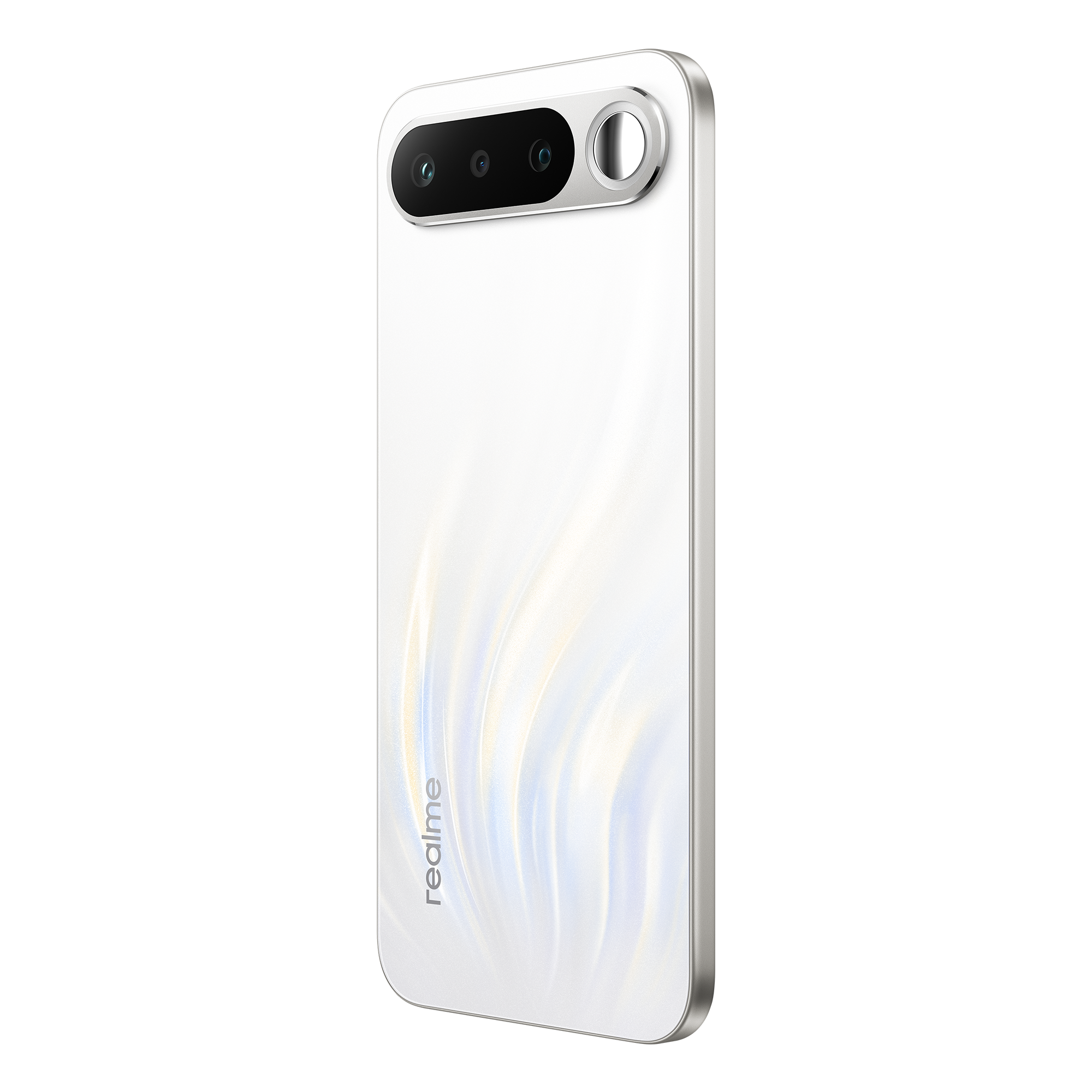 Un smartphone blanco con tres cámaras y marco plateado sobre fondo negro.
