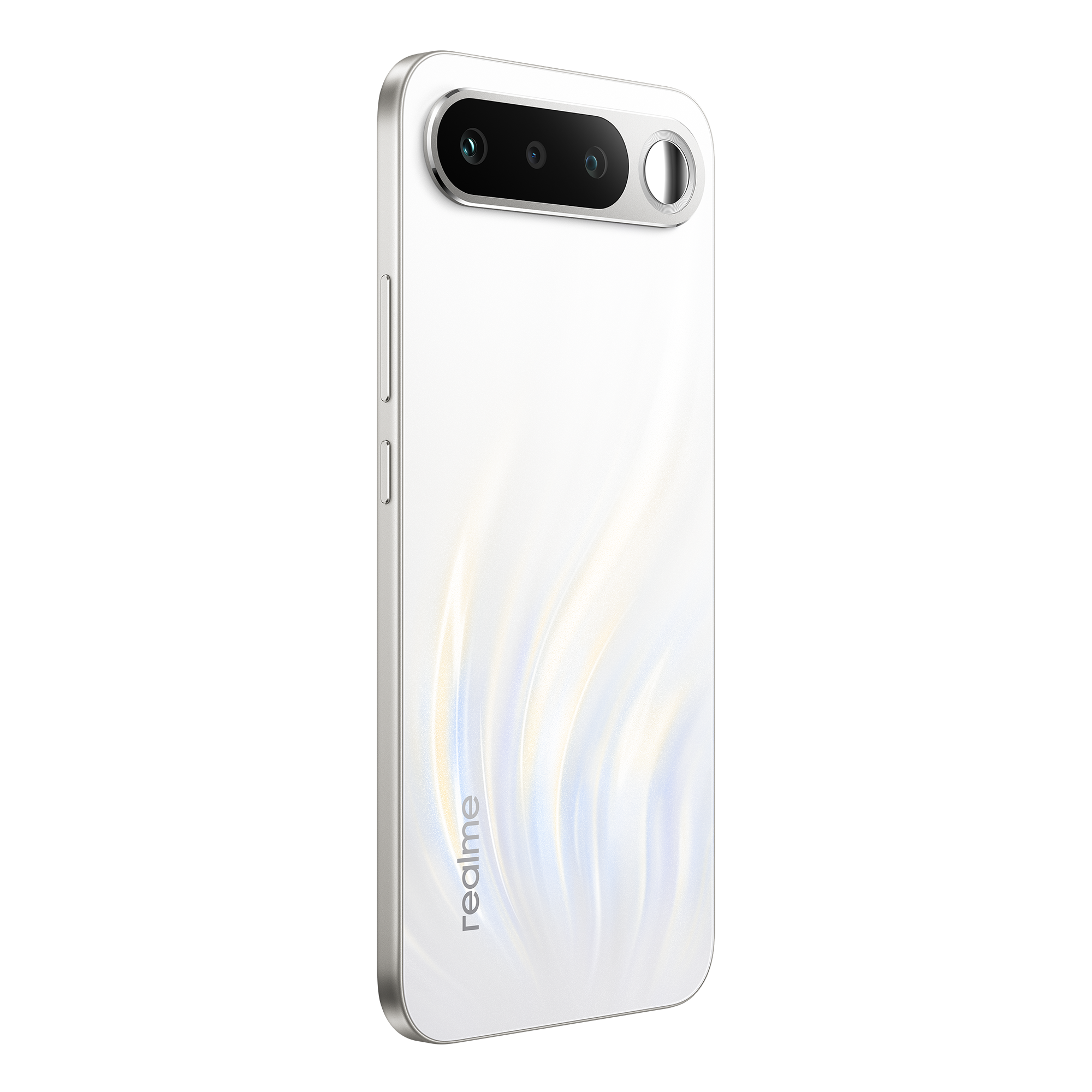 Un smartphone blanco con tres cámaras y marco plateado. La parte trasera tiene un patrón.