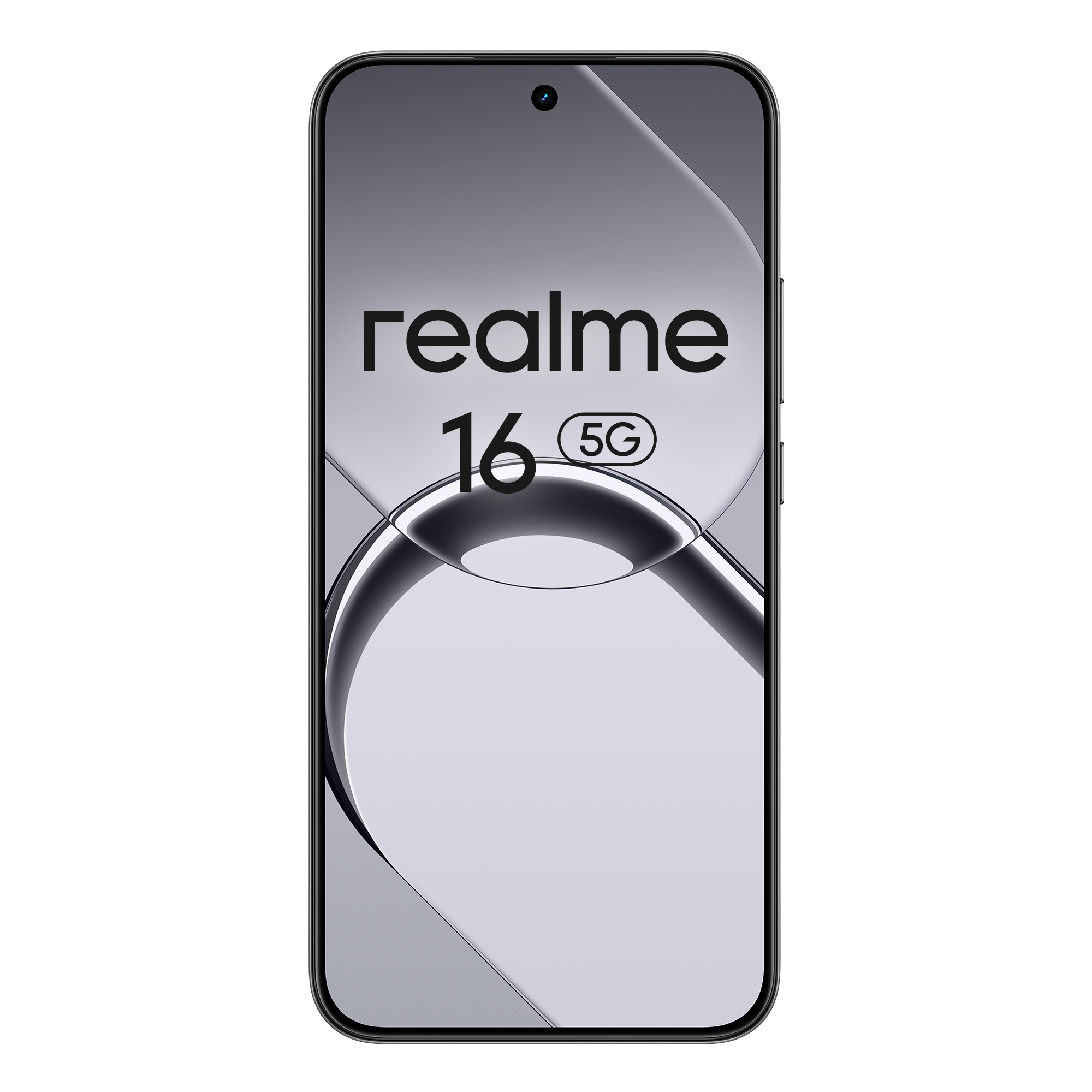 Un smartphone Realme 16 5G con fondo gris y diseño circular.
