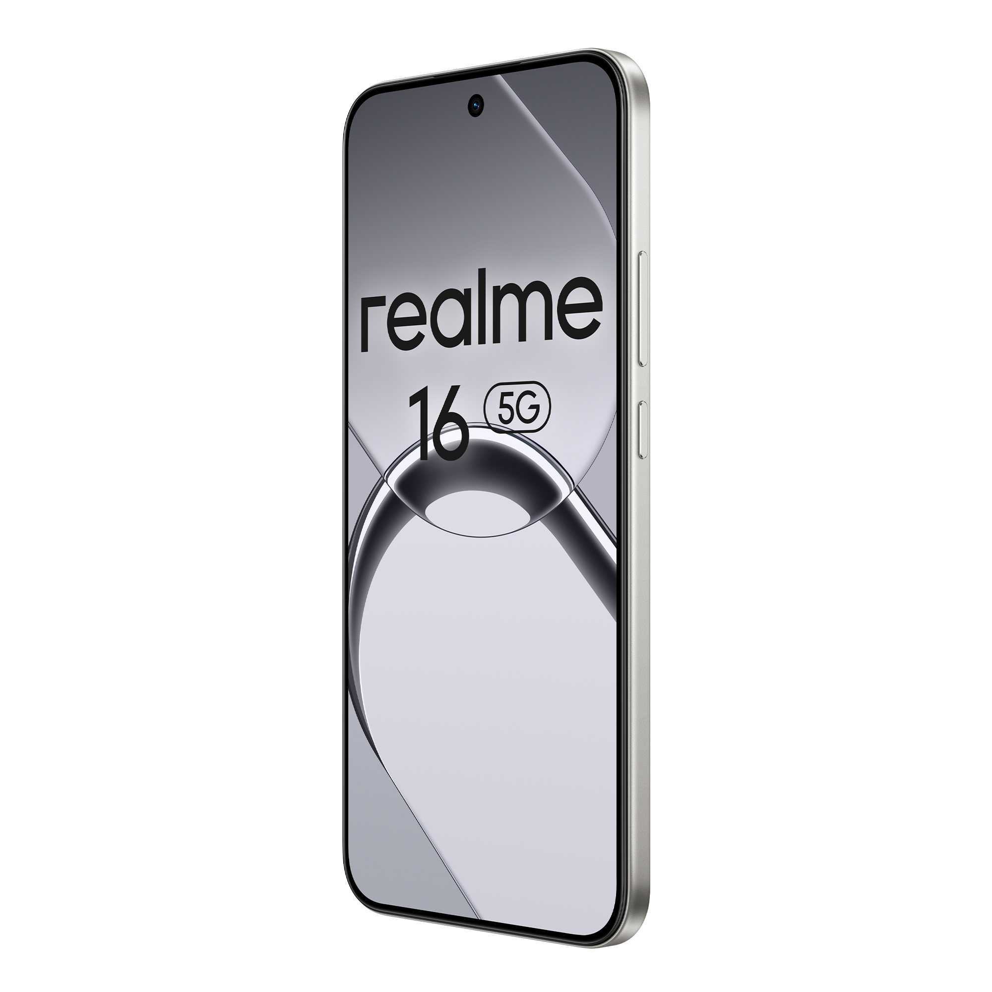 Un smartphone plateado Realme 16 5G sobre fondo negro.