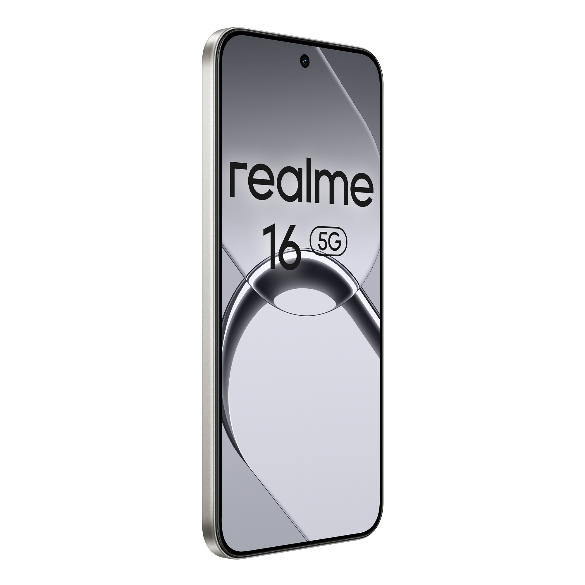 Un smartphone plateado con el logo de Realme y "16 5G" en la pantalla.