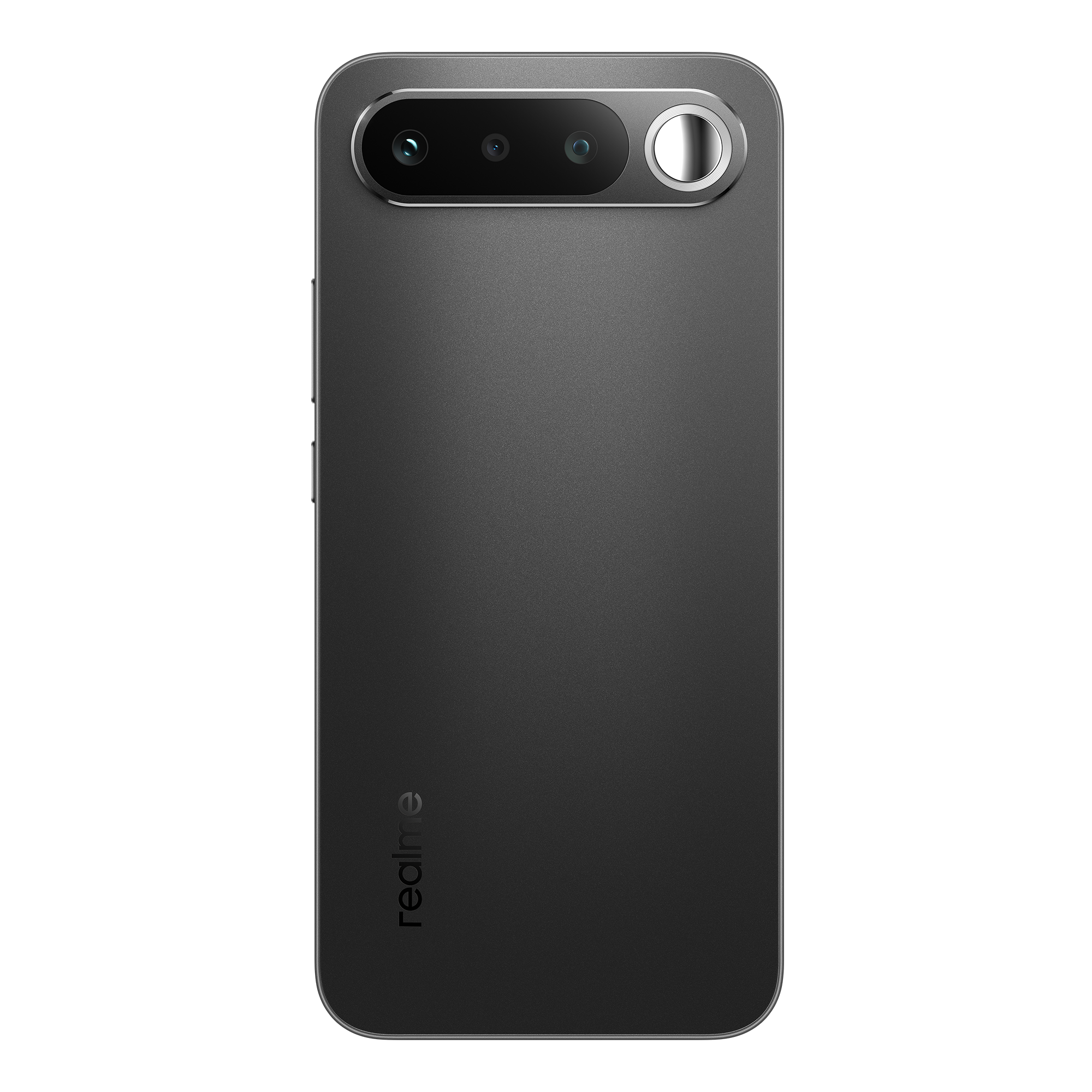 Teléfono inteligente gris oscuro con tres cámaras y flash.