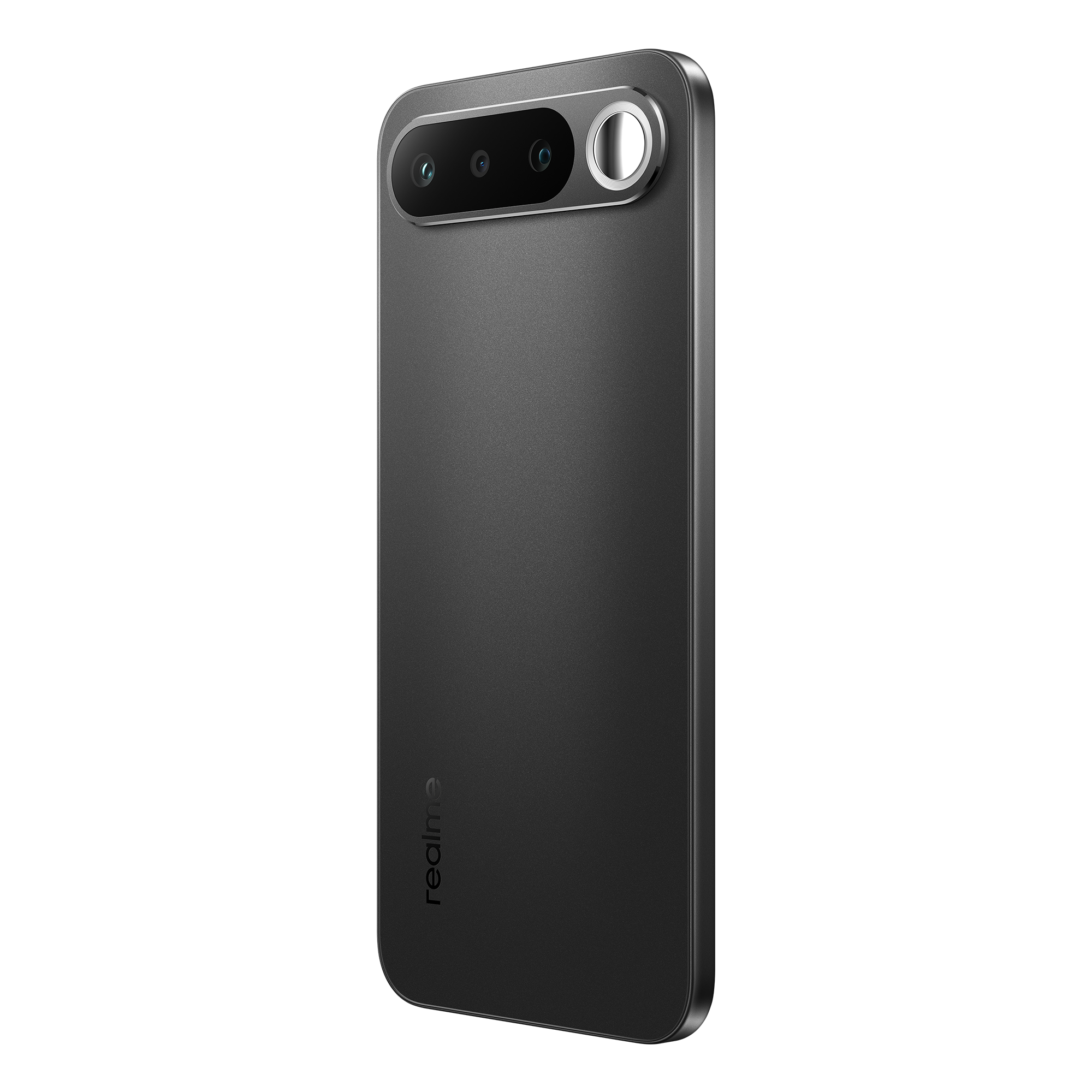 Reverso de un smartphone oscuro con tres cámaras y un flash redondo.