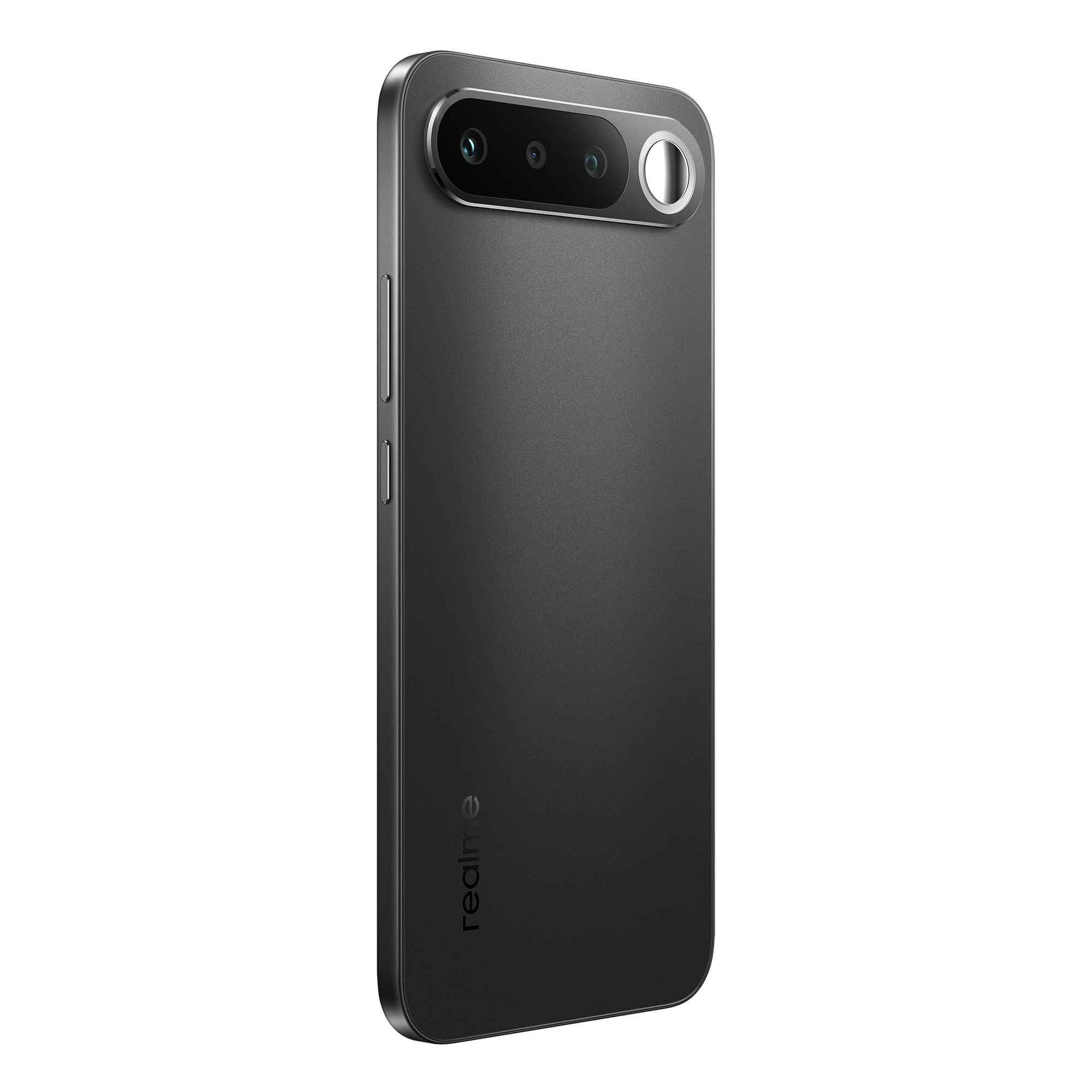Parte trasera de un smartphone oscuro con tres cámaras y flash.