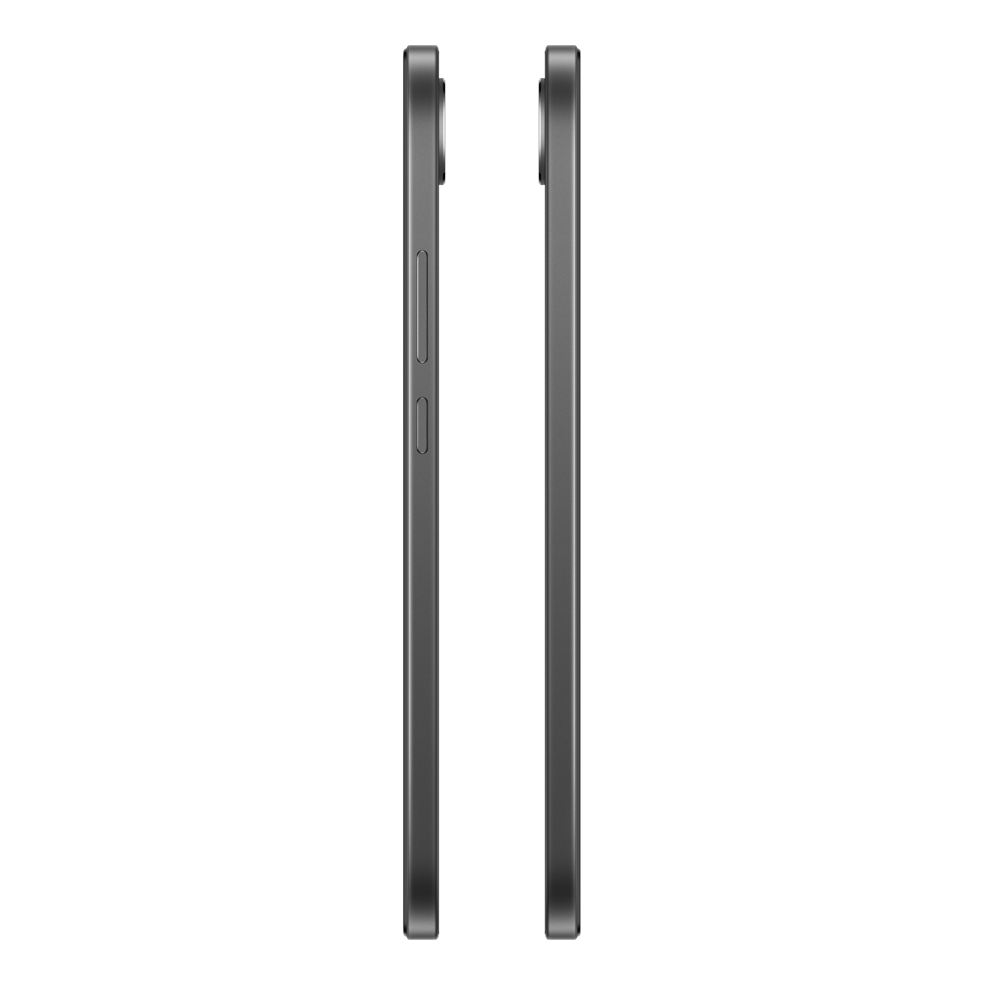 Un dispositivo rectangular gris con bordes redondeados y un área de lente negra arriba.
