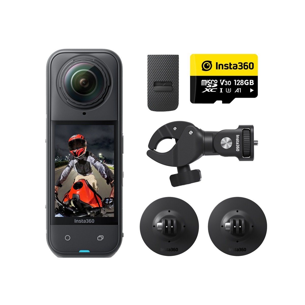 Cámara Insta360 con accesorios: abrazadera, tarjeta de memoria y soportes.
