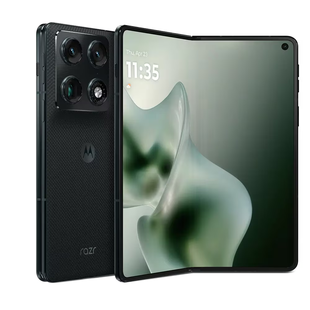 Un smartphone plegable desplegado con carcasa negra y cámaras.