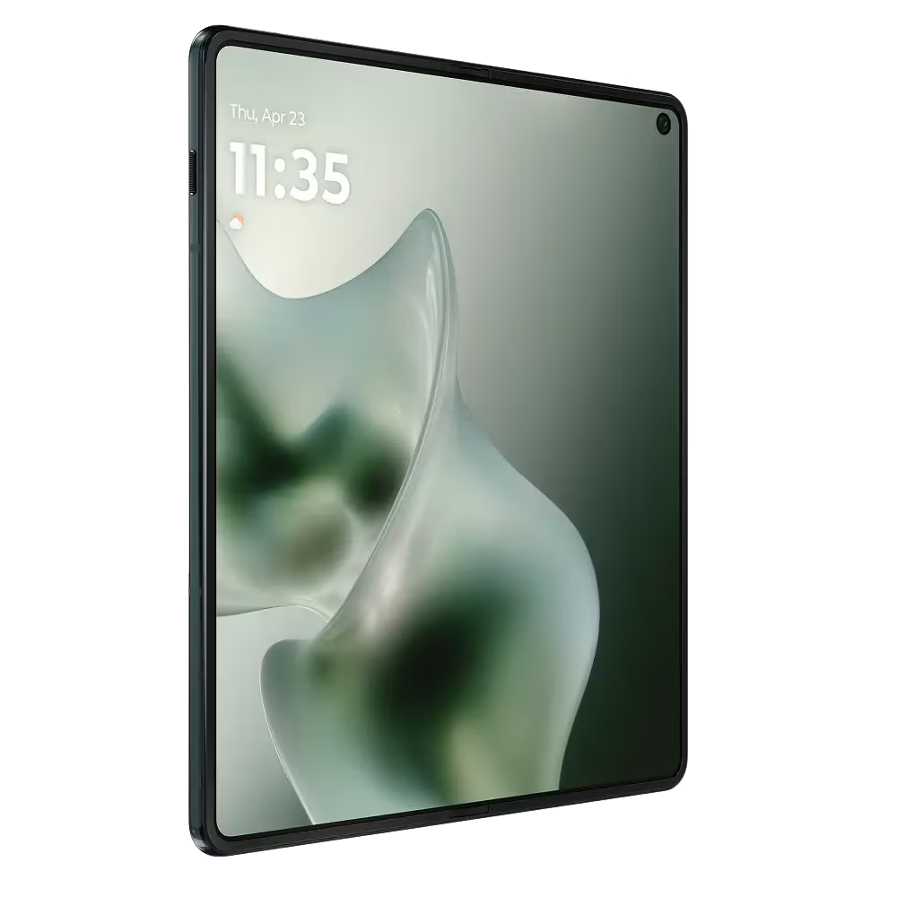 Una tableta con marco oscuro, mostrando un fondo de pantalla verde fluido.