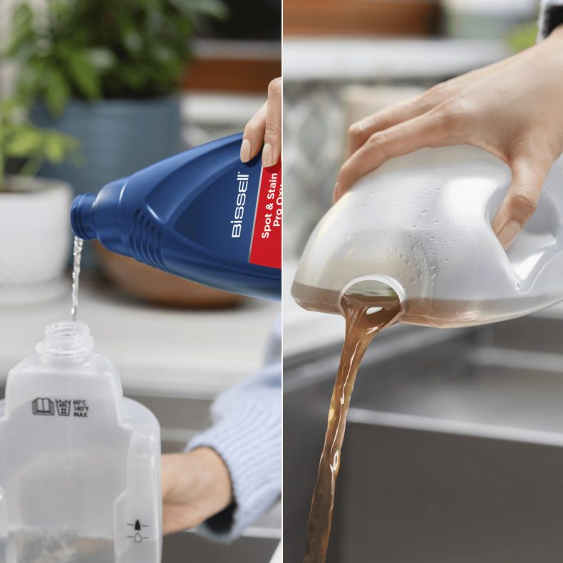 Una mano vierte líquido transparente de una botella Bissell azul en un recipiente. Derecha, otra mano vierte líquido marrón en un fregadero.