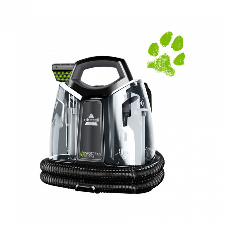 Un limpiador Bissell Spotclean con manguera y huella de pata verde.