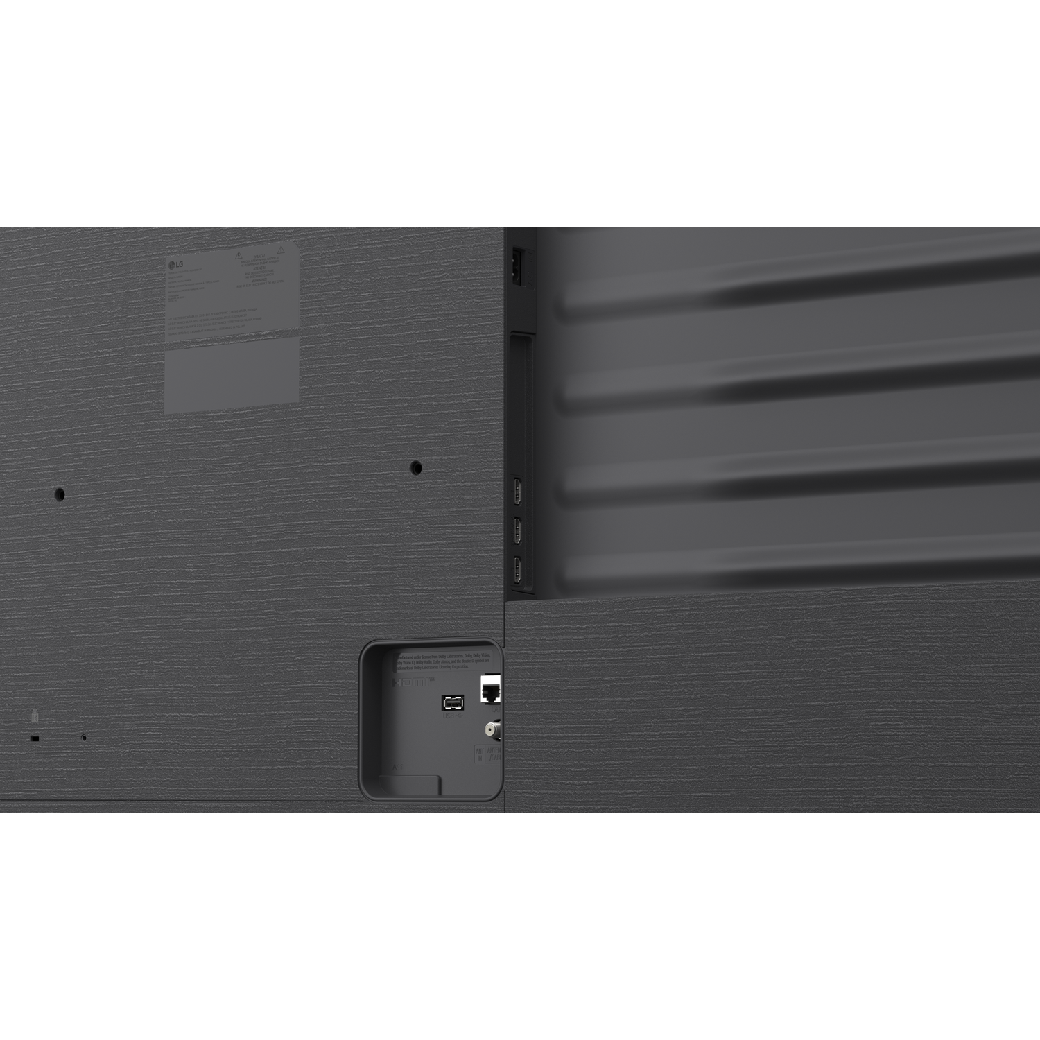 Achterkant van een tv met poorten zoals HDMI, LAN en antenne-ingangen.