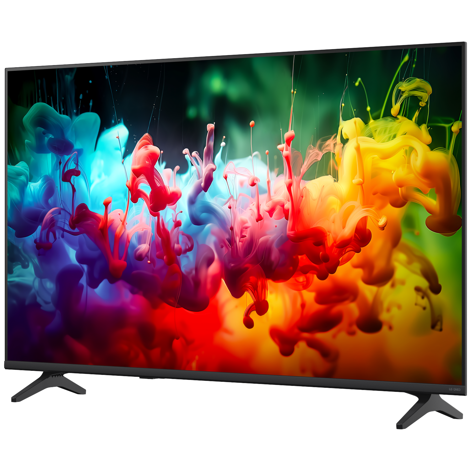 Een tv toont een abstracte afbeelding van rood-blauwe en gele kleurenwolken.