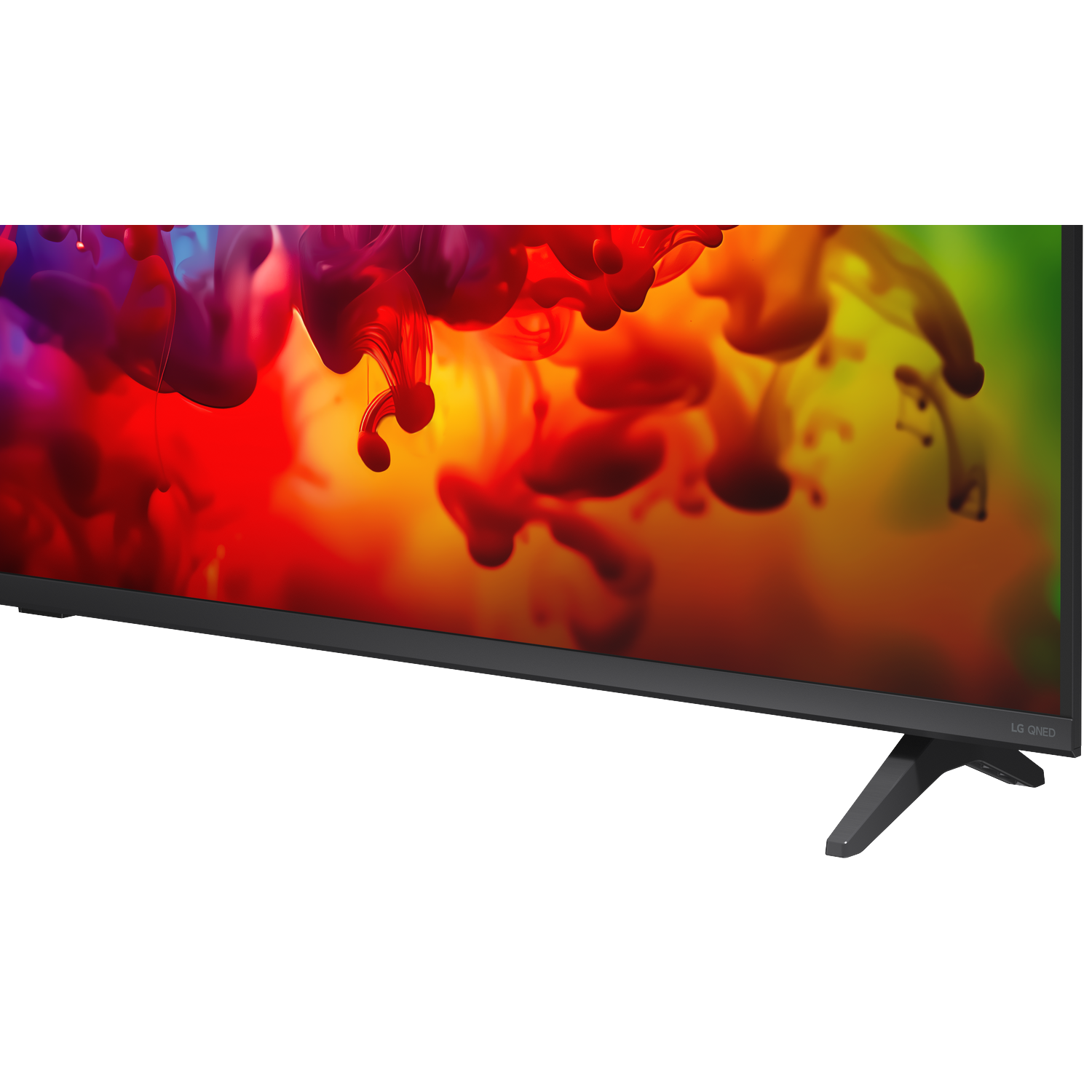 Een LG QNED televisie toont kleurrijke inktwolk-animaties op het scherm.