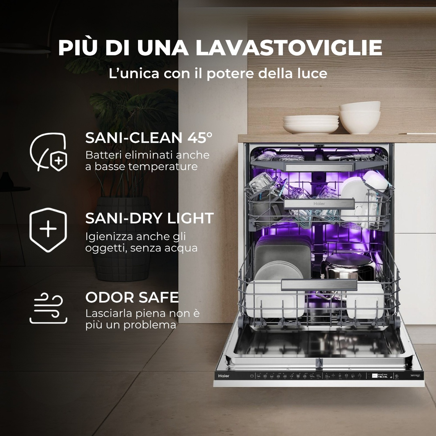 Una lavastoviglie aperta con luce viola, piatti e posate. A sinistra icone per pulizia e sicurezza odori.