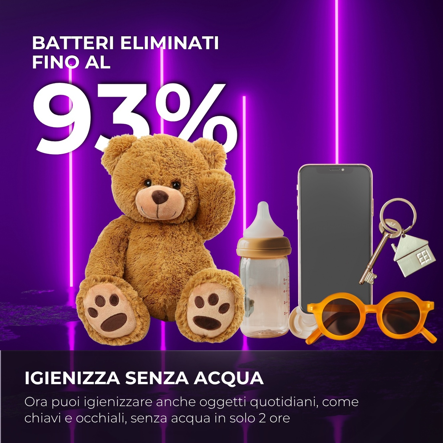 Un orsacchiotto, biberon, smartphone, chiavi e occhiali da sole con luce viola.