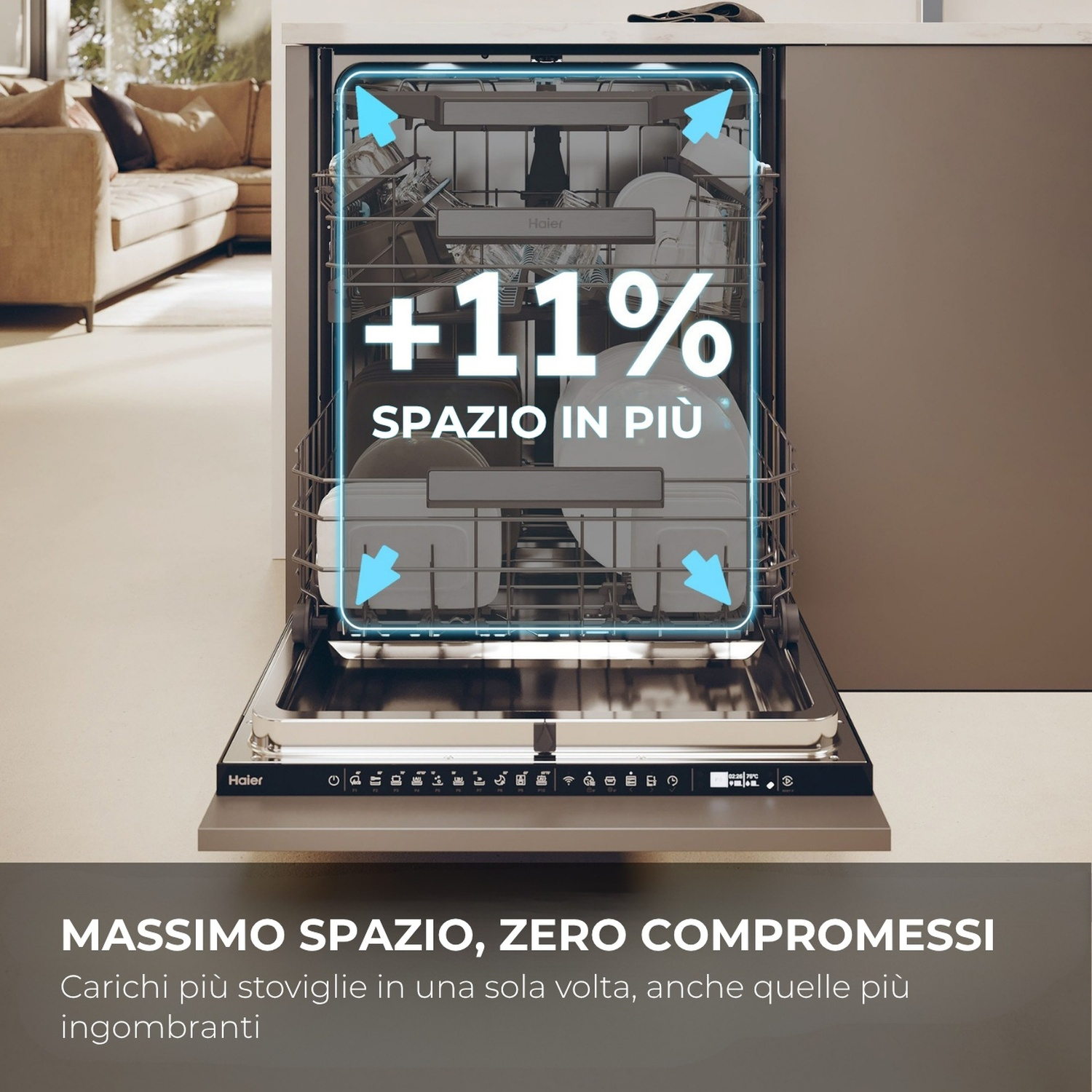 Interno lavastoviglie con +11% di spazio. Frecce blu indicano maggiore capacità.