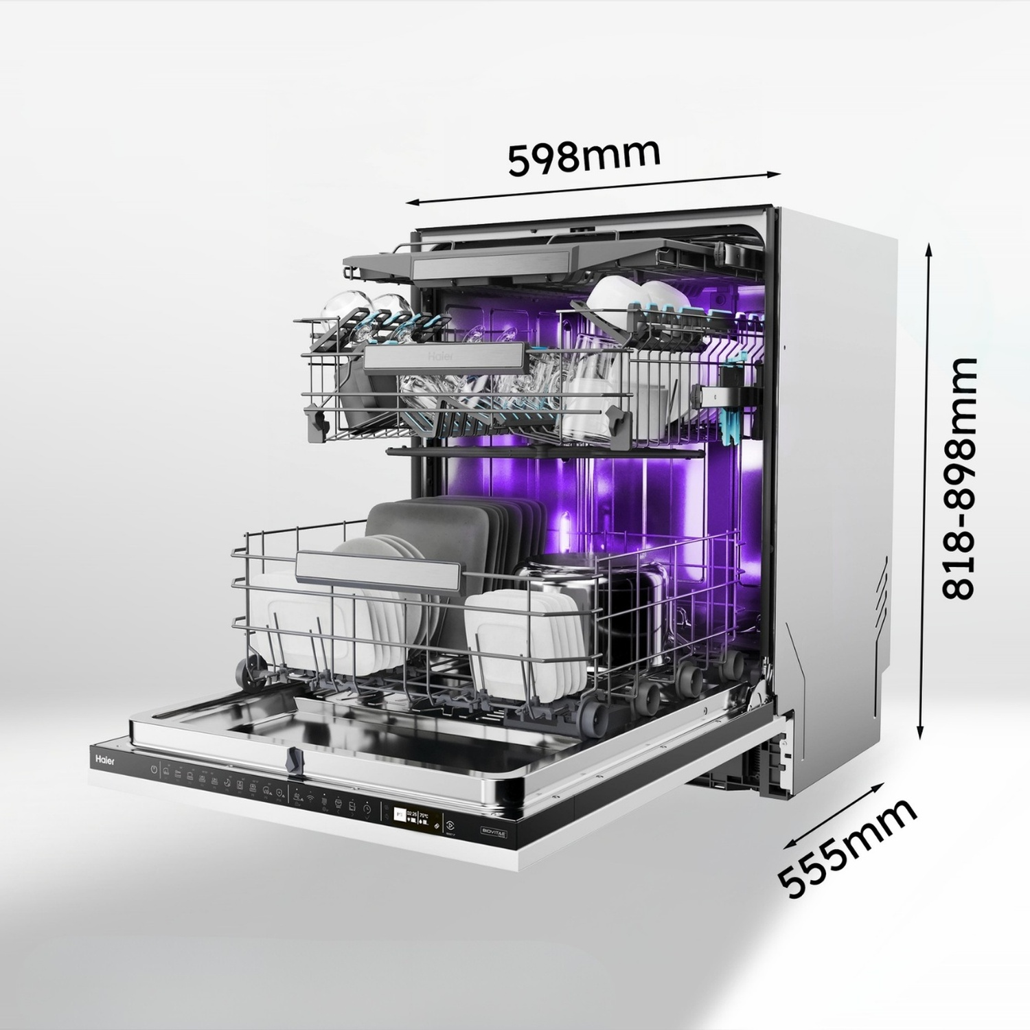 Una lavastoviglie aperta con due cestelli, illuminata da luce viola.