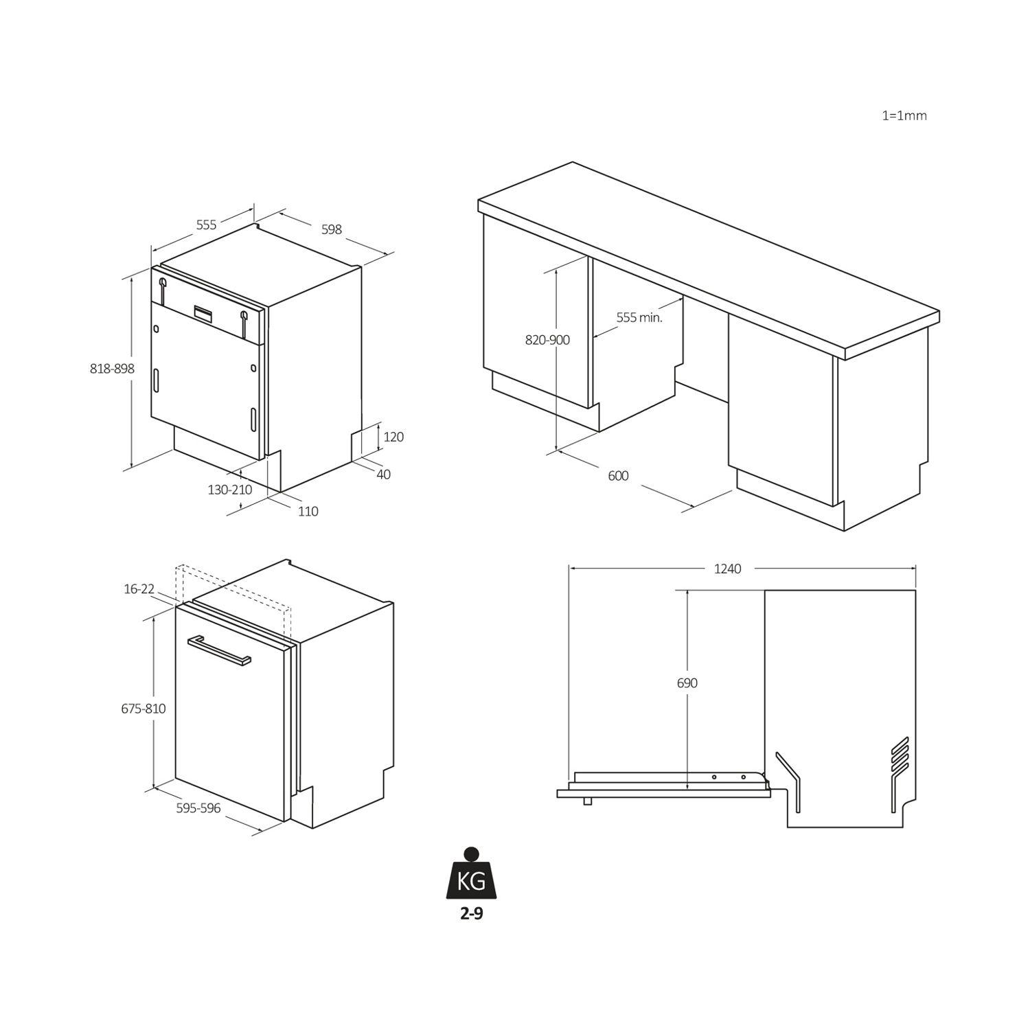 Diagrammi mostrano le dimensioni della lavastoviglie: viste frontale, laterale e dall'alto con misure.