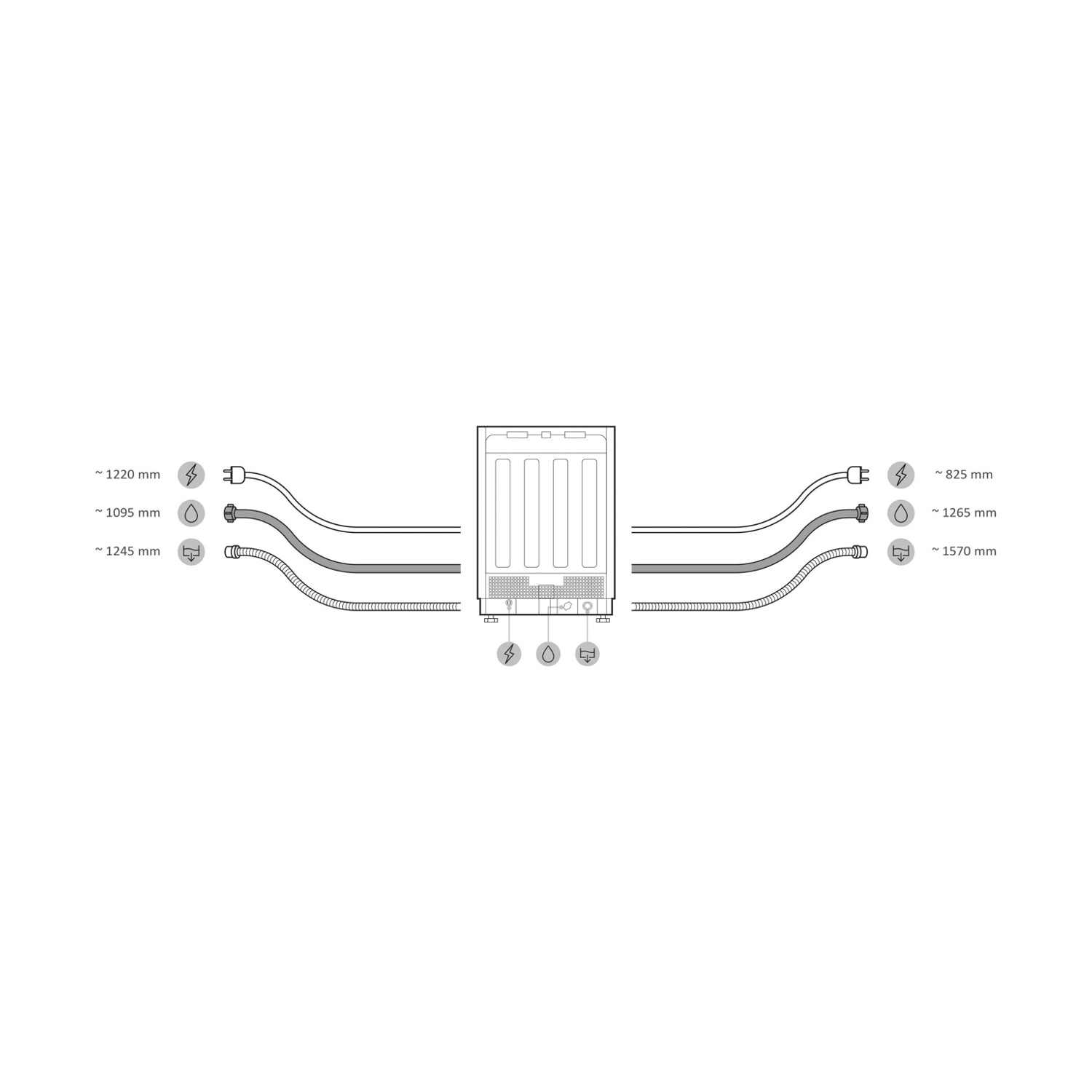 Disegno tecnico di una lavatrice con tubi e cavi, specifiche di lunghezza.