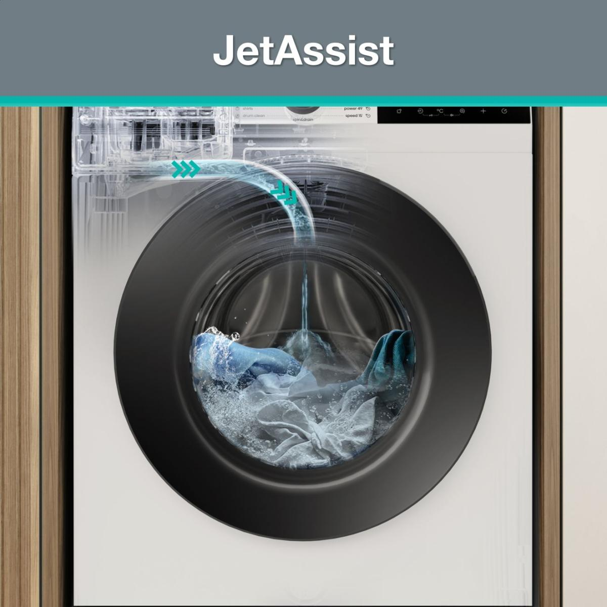 Eine Waschmaschine mit einer transparenten Klappe, durch die Wasser auf Wäsche fließt.