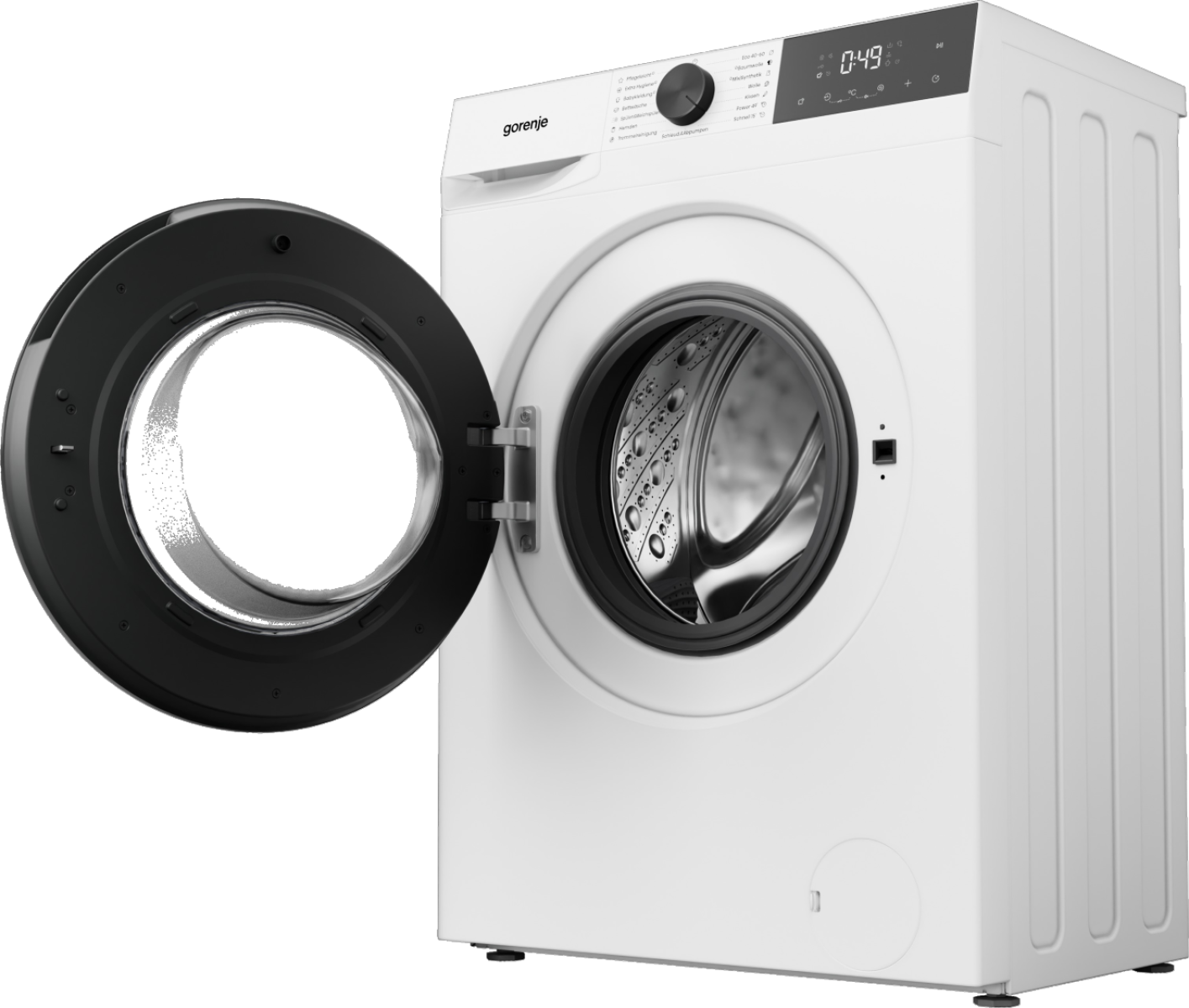 Eine weiße Gorenje-Waschmaschine mit geöffneter schwarzer Tür und sichtbarer Trommel.