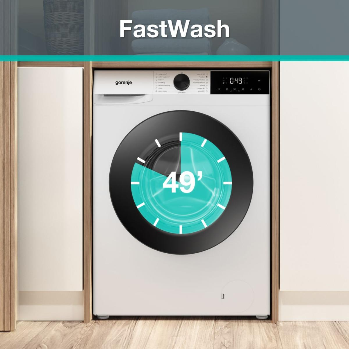 Weiße Gorenje Waschmaschine mit 49-Minuten-Schnellwasch-Timer auf dem Display.