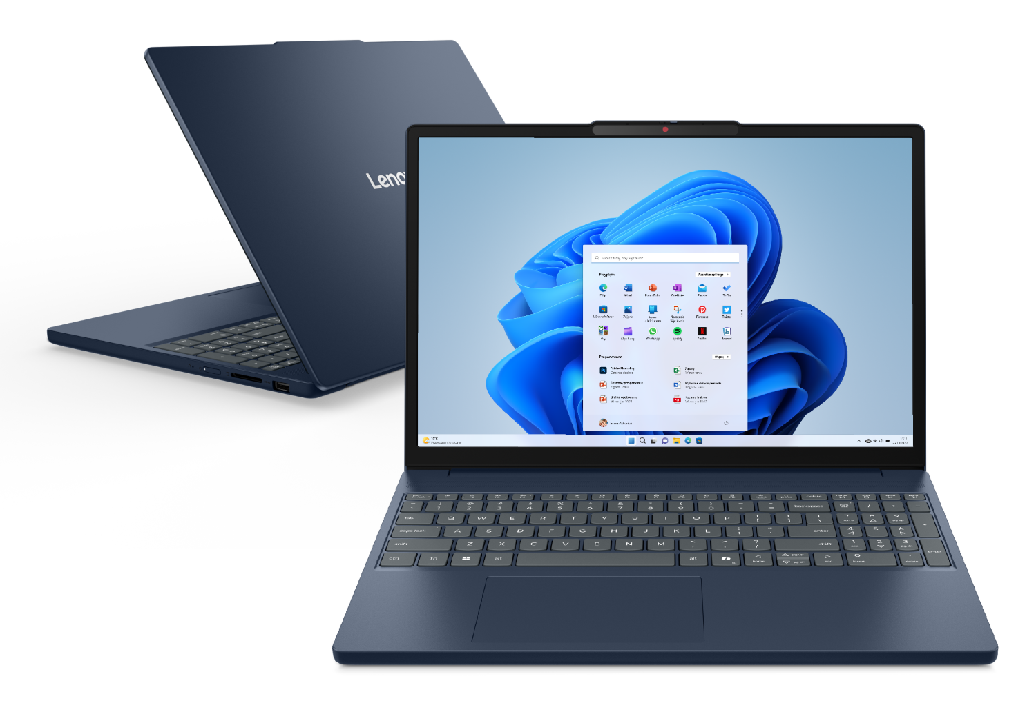 Ciemnoniebieski laptop z otwartym ekranem, wyświetlający system Windows 11.