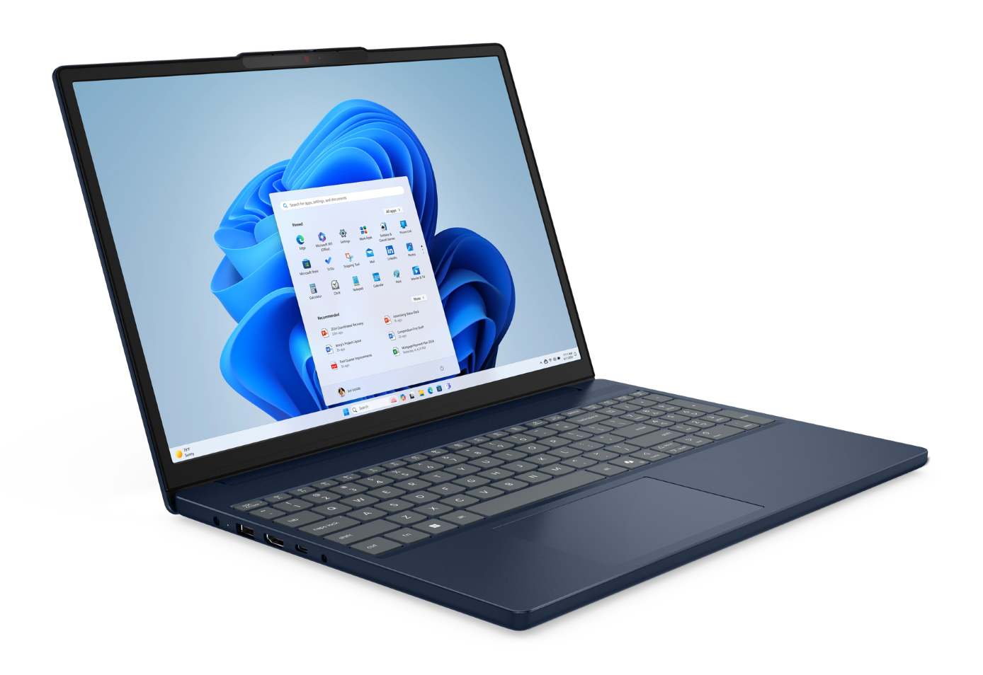 Ciemnoniebieski laptop z otwartym menu Start systemu Windows 11.