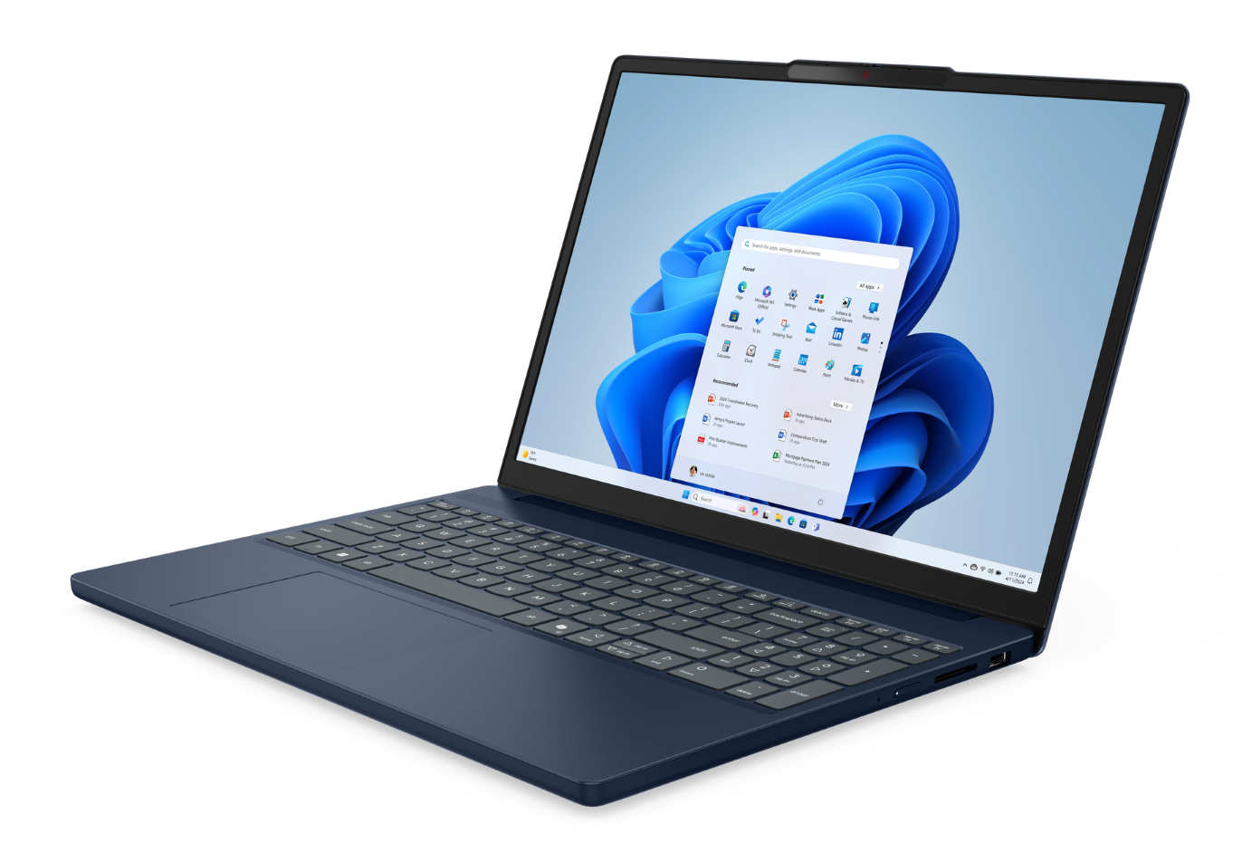 Niebieski laptop z otwartym ekranem, wyświetlający menu Start systemu Windows 11.