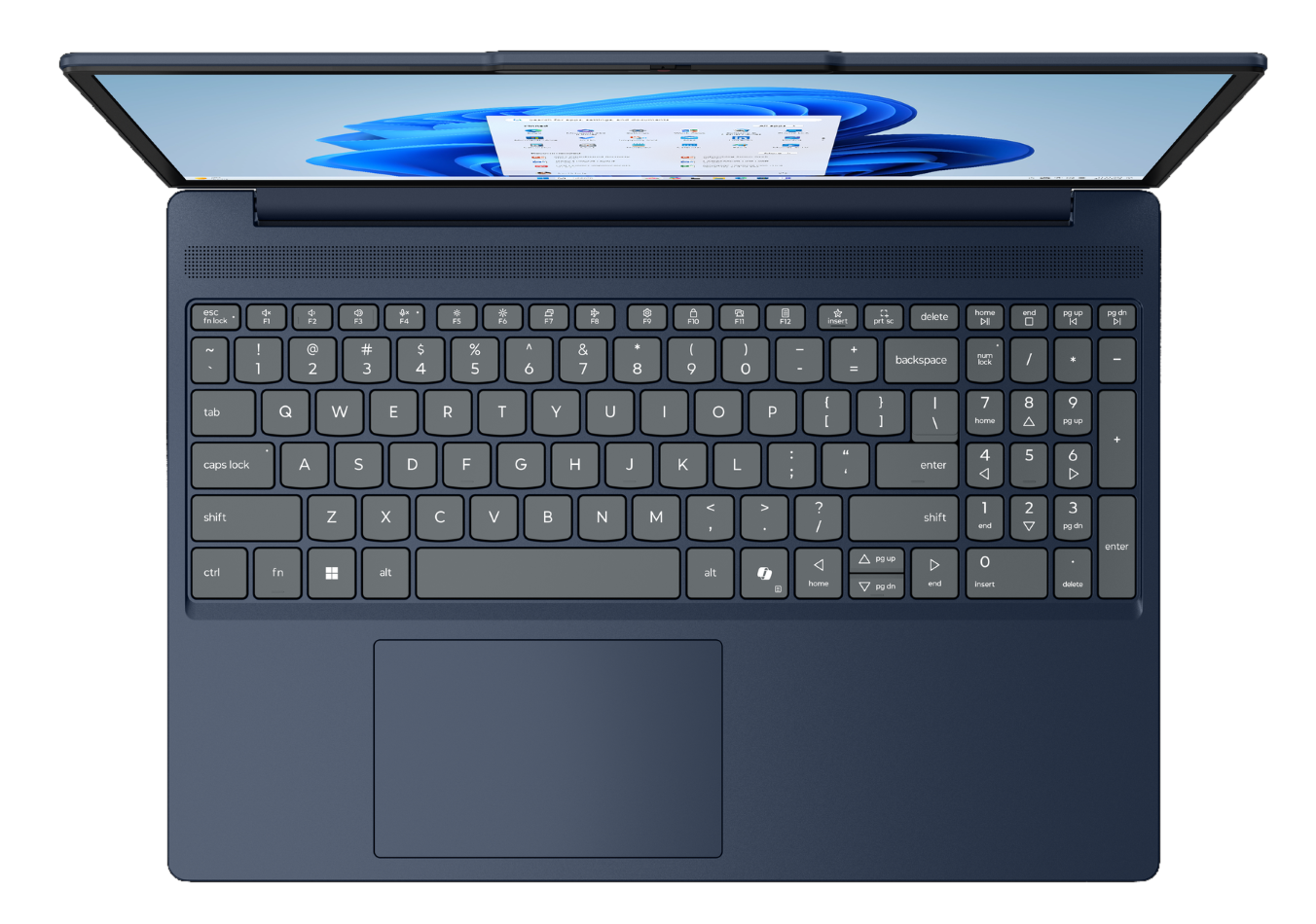 Ciemnoniebieski laptop z otwartym ekranem, klawiaturą i touchpadem.