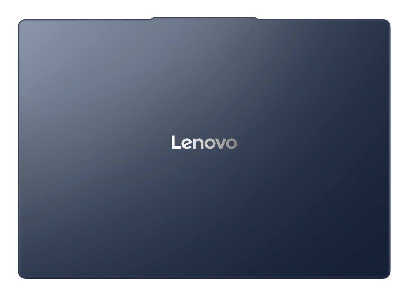 Zamknięty, ciemnoniebieski laptop Lenovo z srebrnym logo.