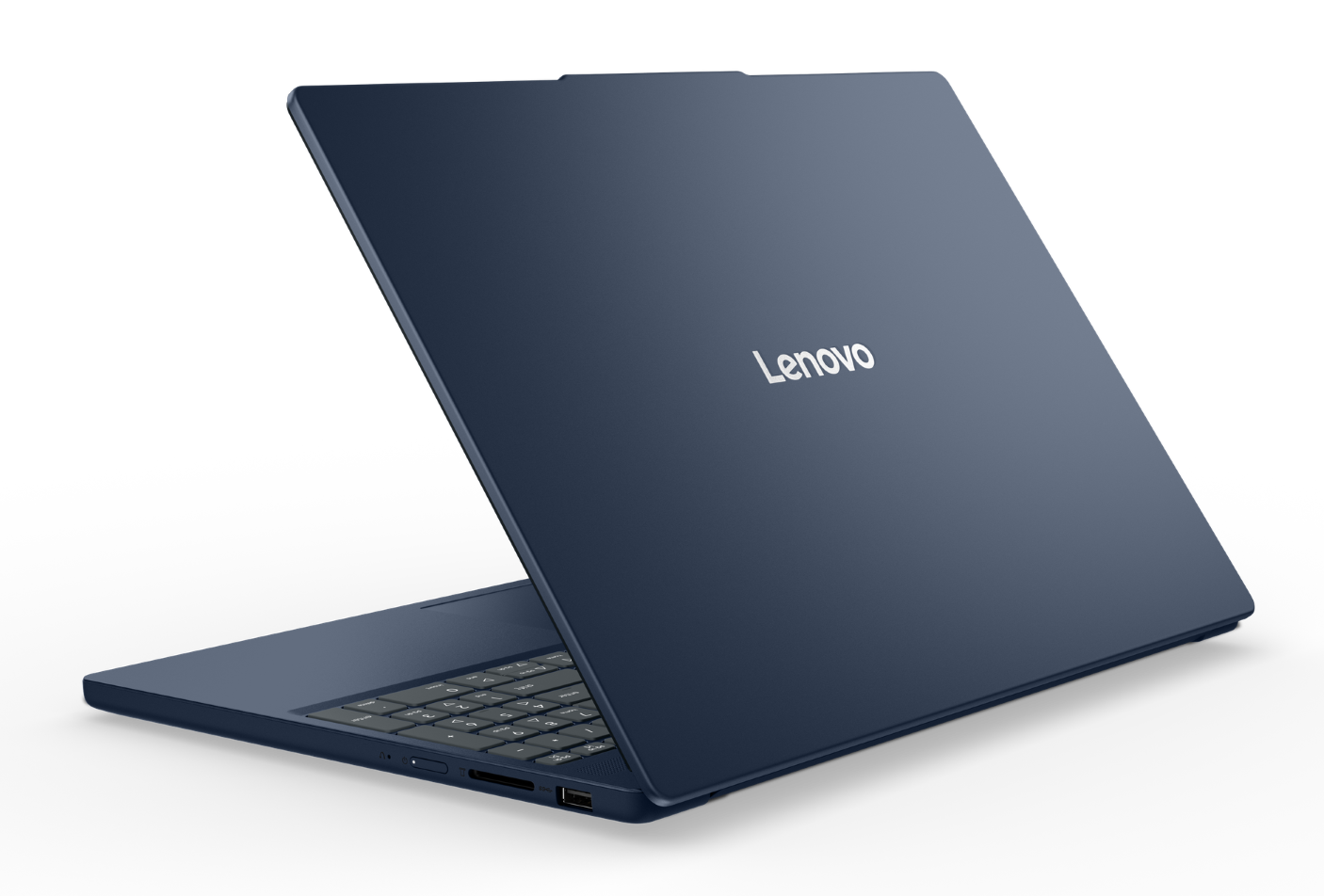Ciemnoniebieski laptop Lenovo, częściowo otwarty, widoczna klawiatura.