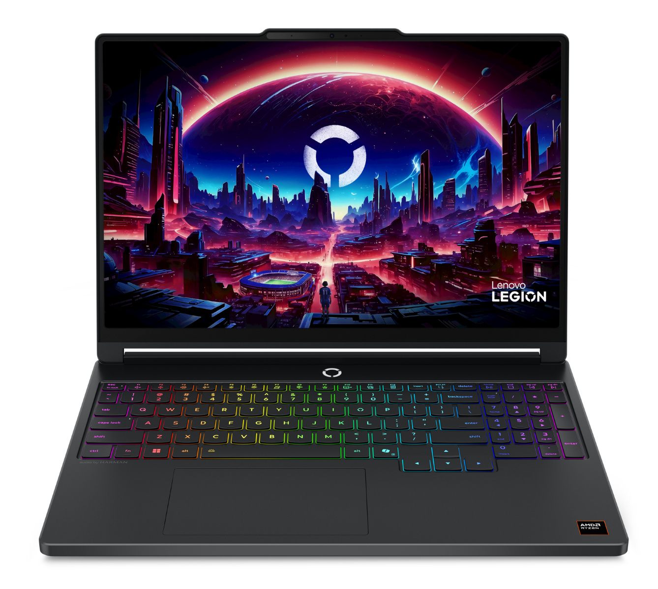 Zamknięty laptop Lenovo Legion z futurystyczną tapetą miasta na ekranie.