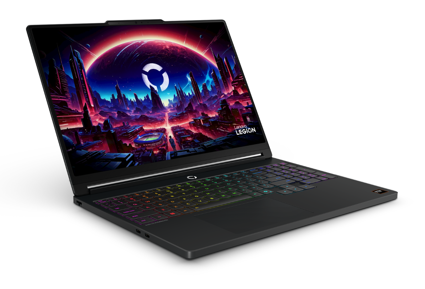 Czarny laptop z podświetlaną klawiaturą i futurystyczną tapetą.