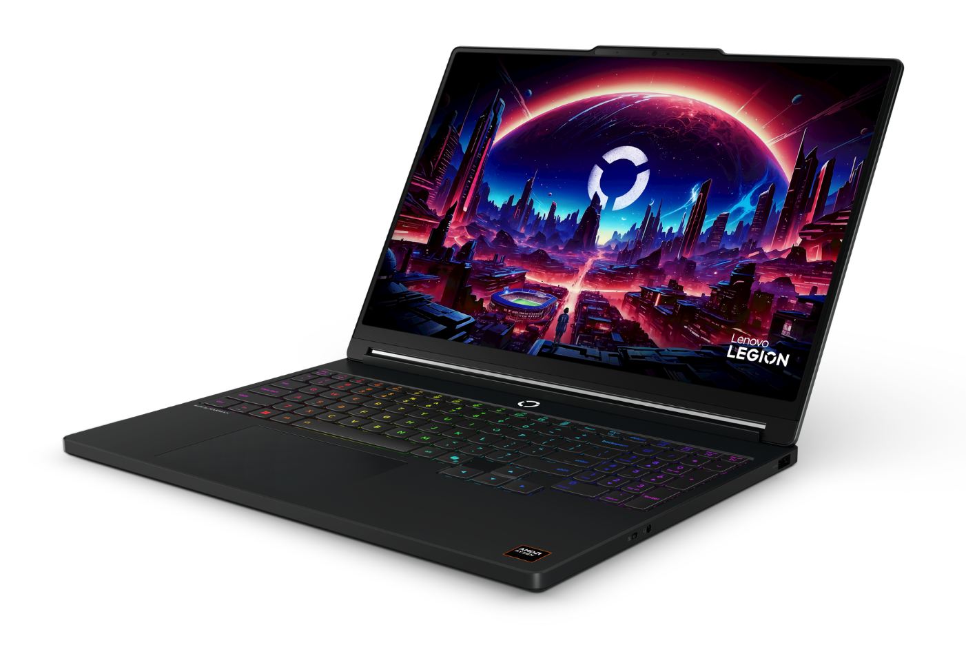 Czarny laptop z kolorową klawiaturą i futurystyczną tapetą.