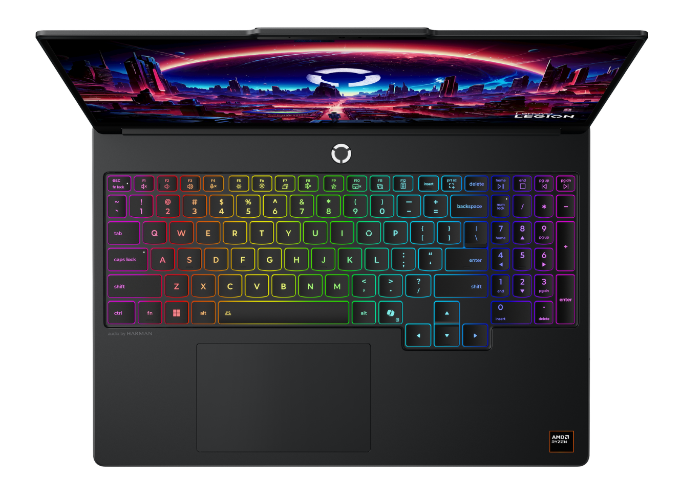 Otwarty laptop z kolorową klawiaturą i futurystycznym ekranem.