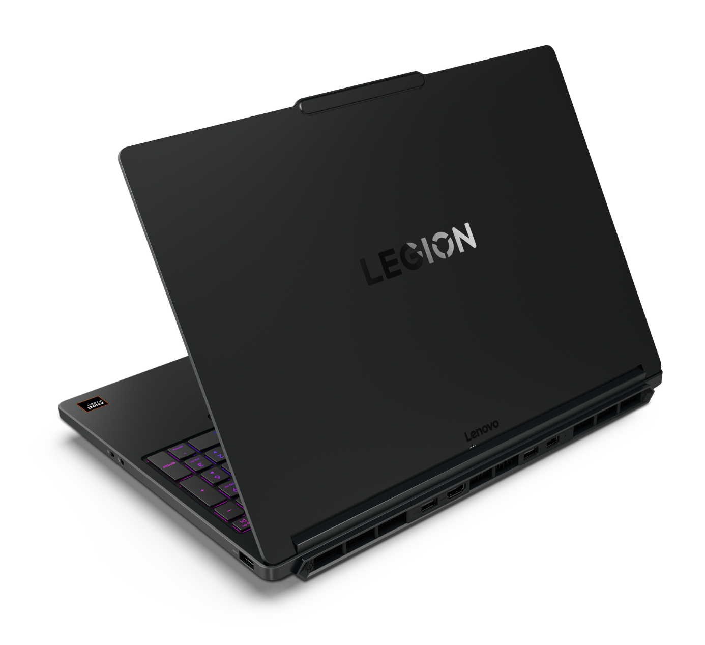 Czarny laptop Lenovo Legion, otwarty, z podświetlaną klawiaturą i logo AMD.