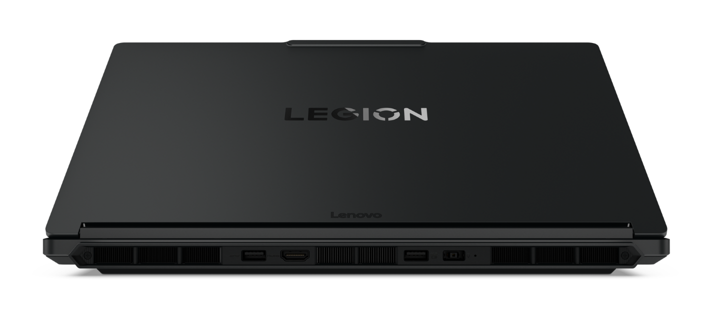Czarny laptop Lenovo Legion z logo "LEGION" i portami.