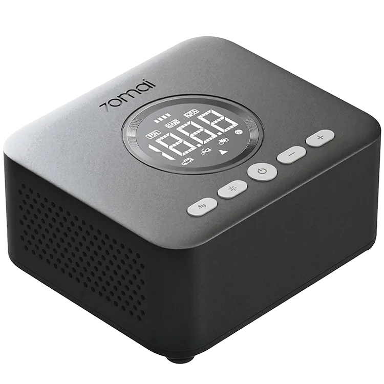 Szary przenośny kompresor powietrza z cyfrowym wyświetlaczem i przyciskami sterującymi.