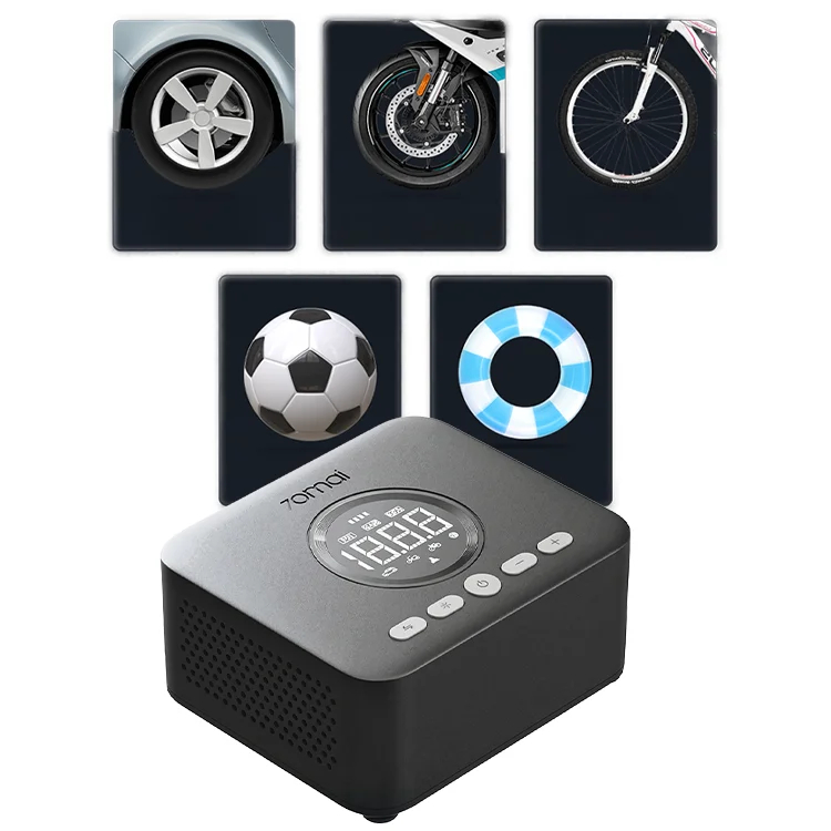 Czarna sprężarka powietrza z pięcioma okrągłymi obrazami obok: opony samochodu, motocykla, roweru, piłka, koło ratunkowe.