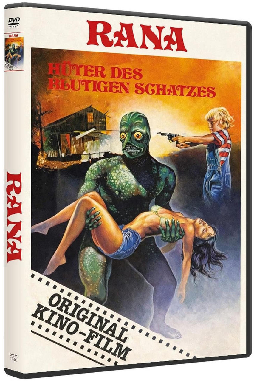 Ein grünes Monster hält eine Frau, ein Junge zielt mit einer Pistole.