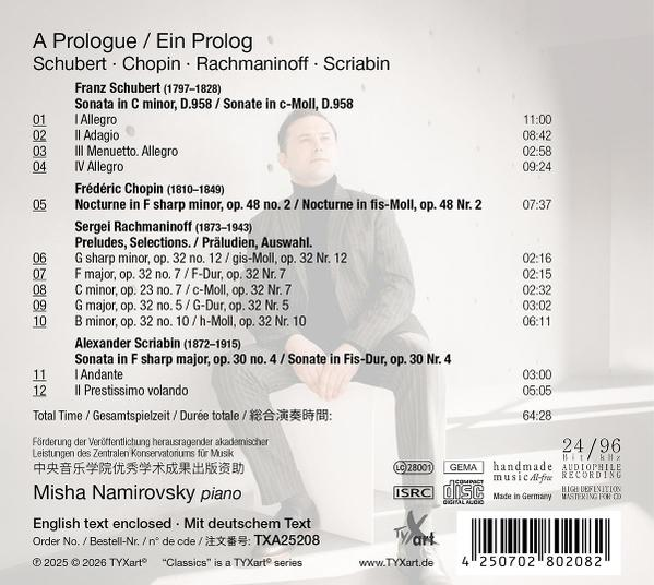 CD-Cover mit Werkliste von Schubert, Chopin, Rachmaninoff, Scriabin. Mann im Anzug.