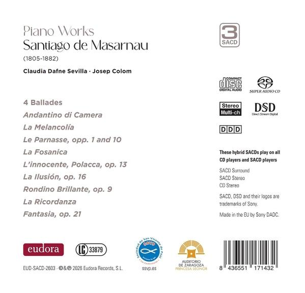 Cover einer CD mit Klavierwerken von Santiago de Masarnau, aufgeführt von Claudia Dafne Sevilla und Josep Colom.