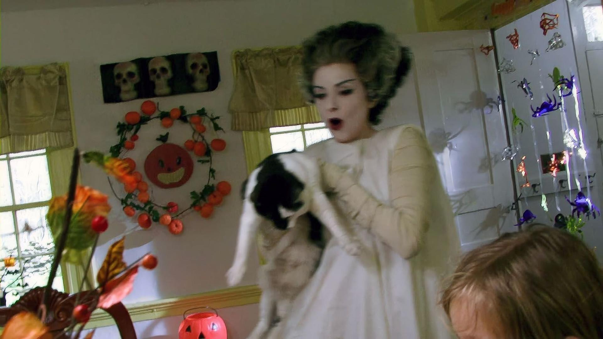 Eine Frau im Brautkleid hält eine Katze, umgeben von Halloween-Deko.