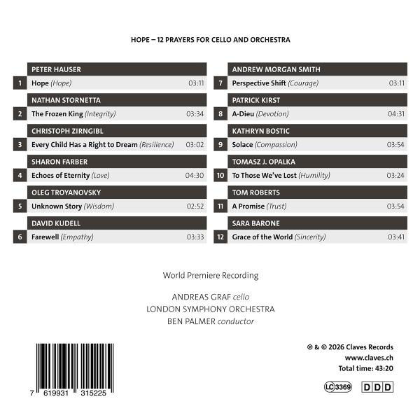 Titelliste für HOPE – 12 Gebete für Cello und Orchester, mit Komponisten und Titeln.