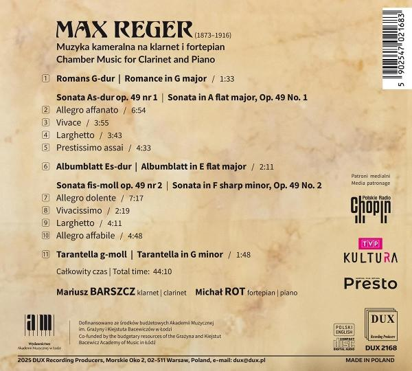 Max Reger CD-Cover: Liste der Kammermusik für Klarinette und Klavier.
